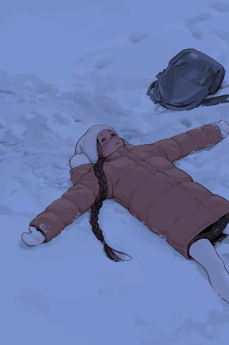 有一幅画是一个人背着背包躺在雪地里