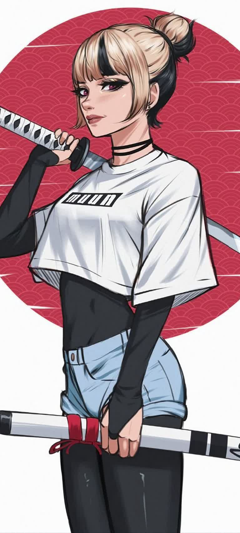 这是一幅手里拿着棒球棒的女人的画