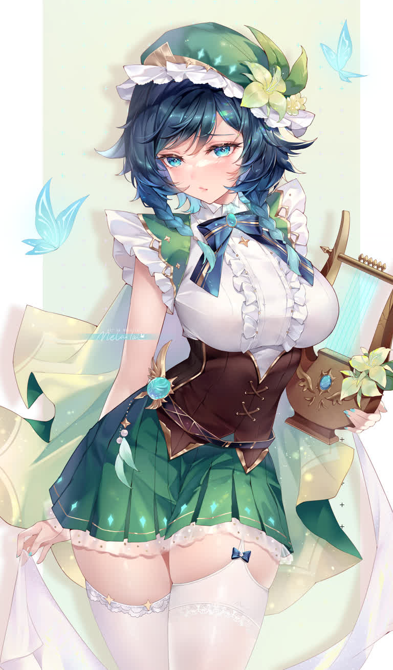 这是一个蓝头发和绿色连衣裙的女人的画