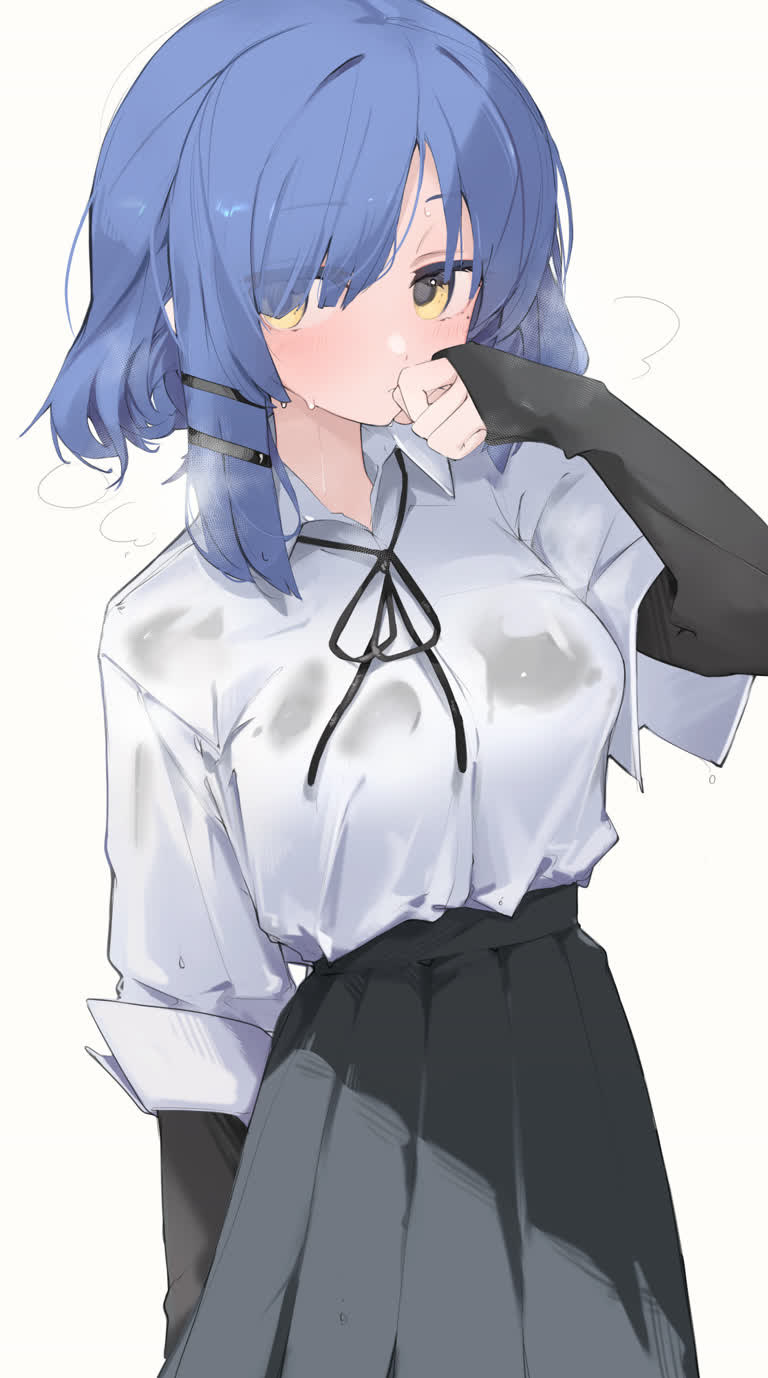 这是一个蓝头发和白衬衫的女人的画