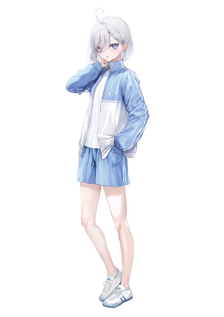 这是一个穿着蓝色夹克和短裤的女人的画