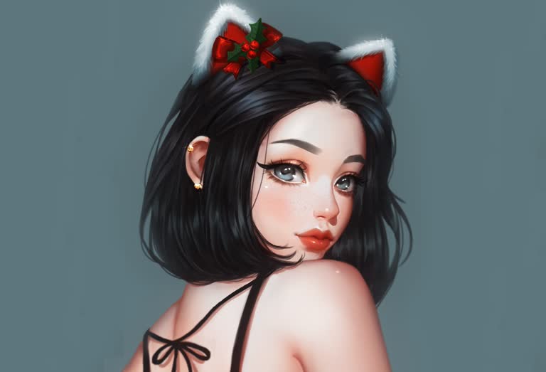 有一幅画是一个长着猫耳朵、头发上插着玫瑰的女人
