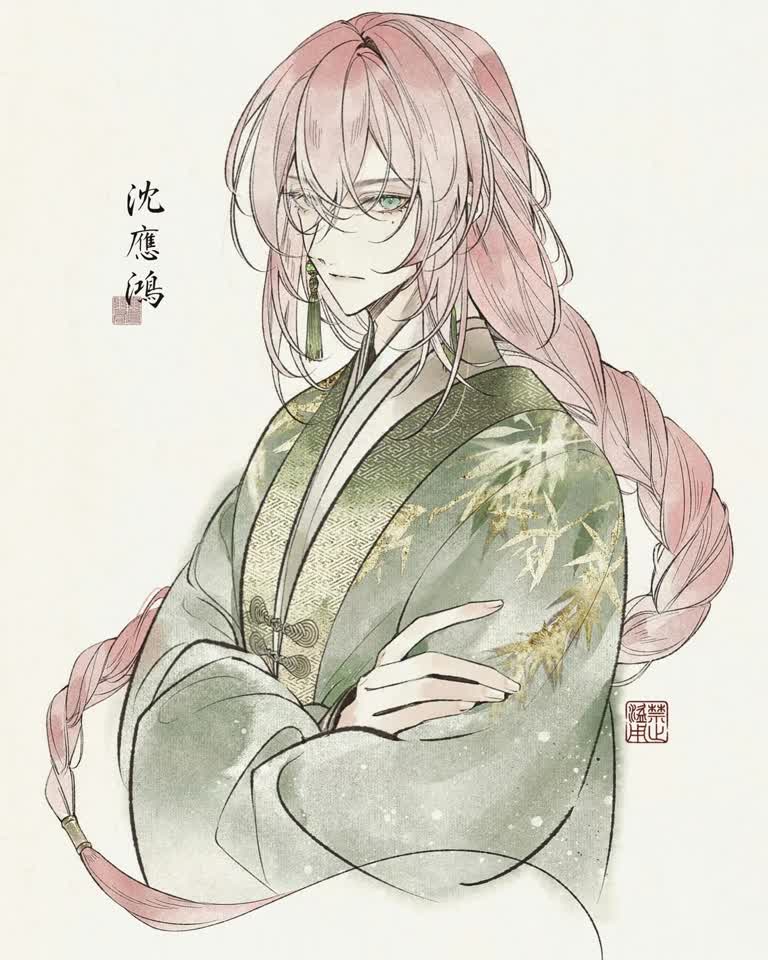 有一幅画是一个粉红色头发和绿色夹克的女人