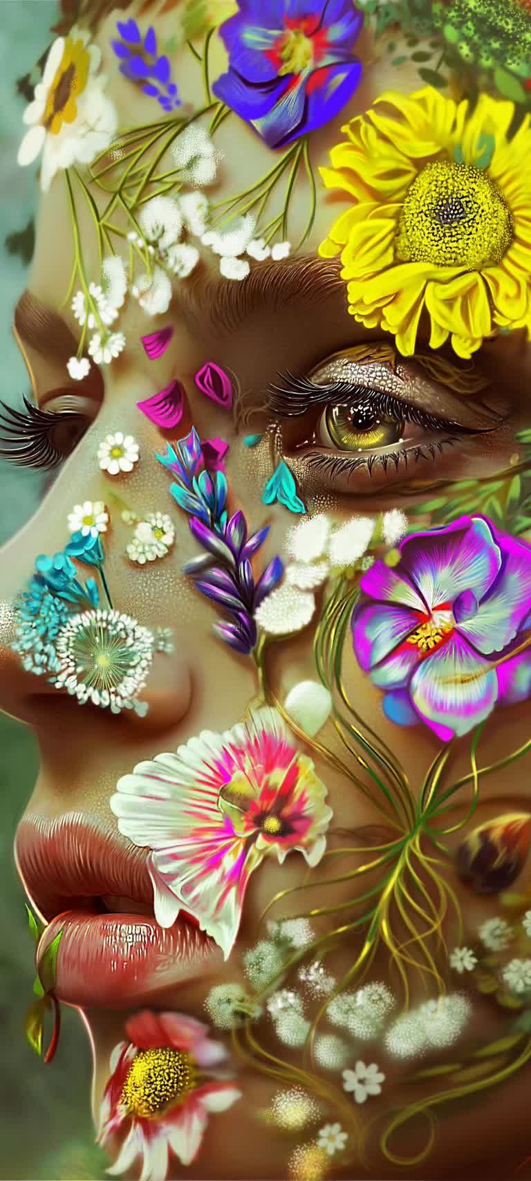 画一个女人的脸,脸上有花