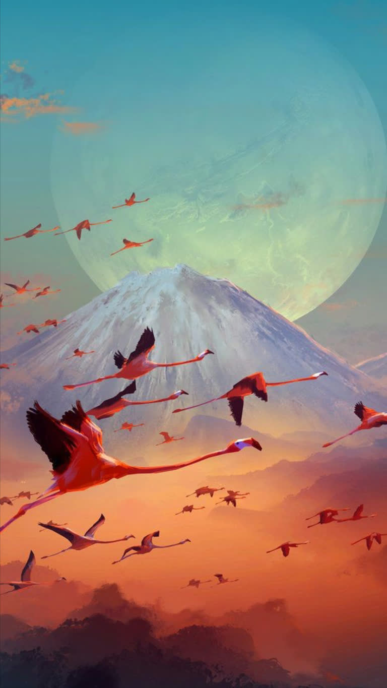 天空中飞翔的火烈鸟,背景是一座山