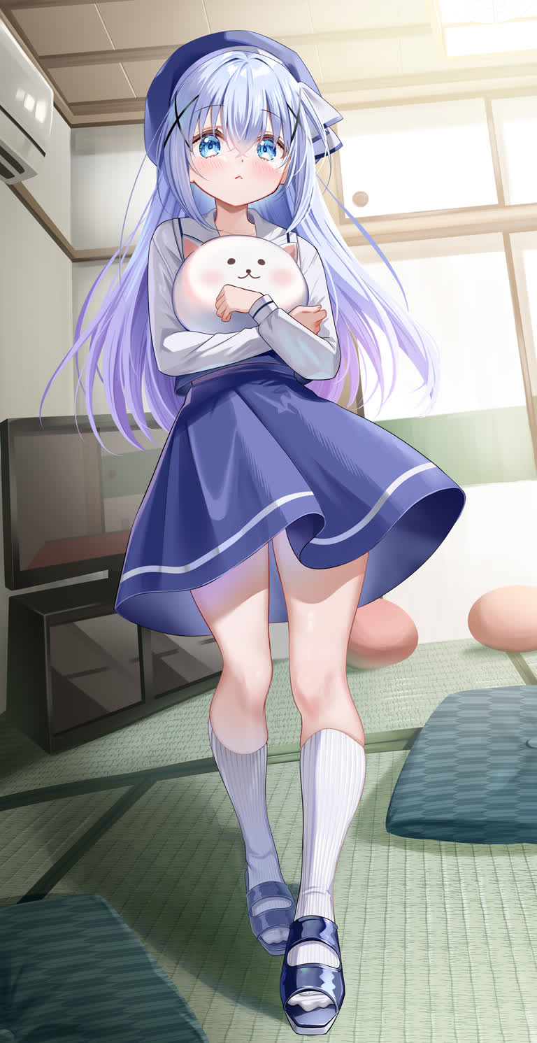 有一个穿着蓝色连衣裙的女孩抱着一只白猫