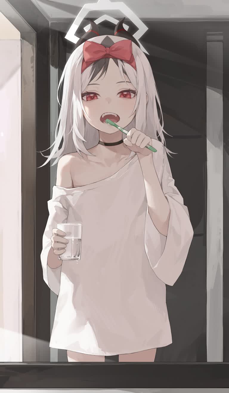 有一个女孩在浴室里刷牙