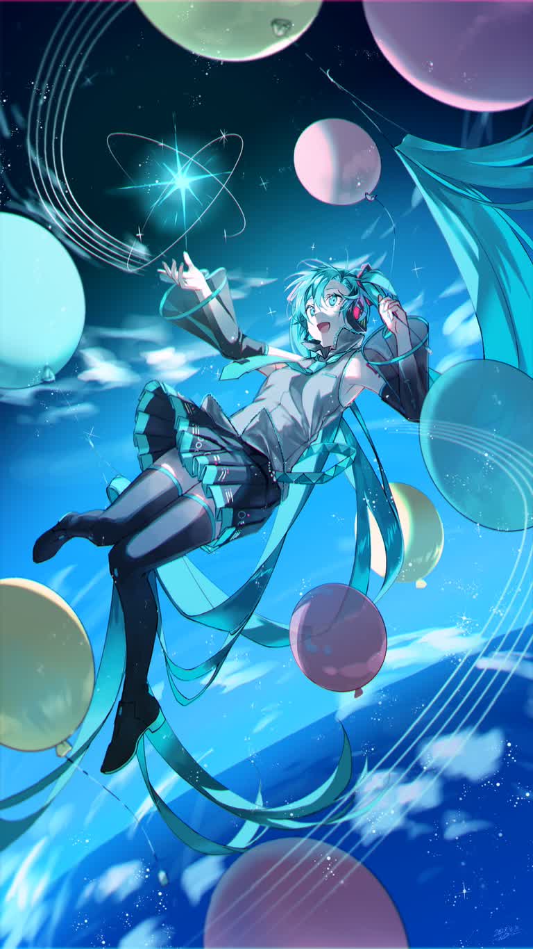 有一个女孩,她正带着气球在空中飞翔