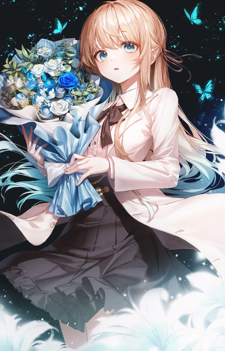 有一个女孩手里拿着一束鲜花