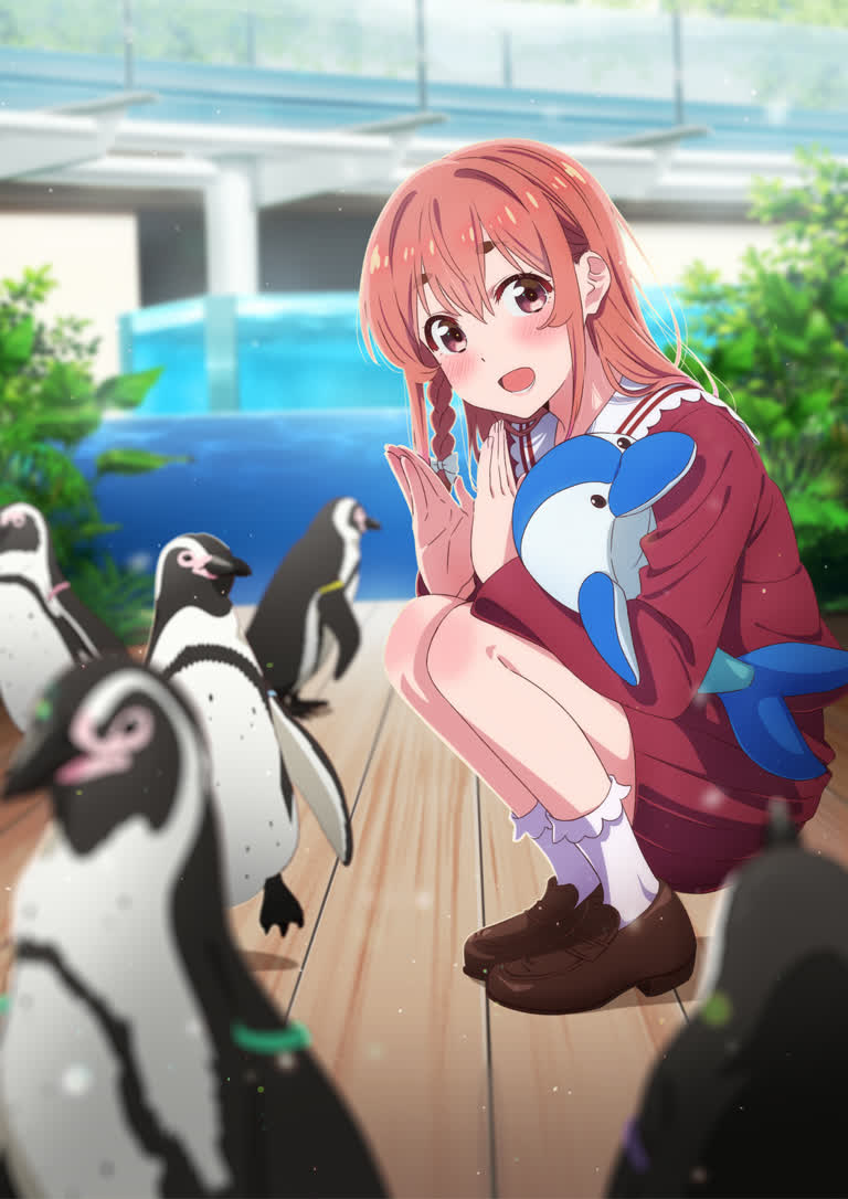 有一个女孩跪在一些企鹅面前