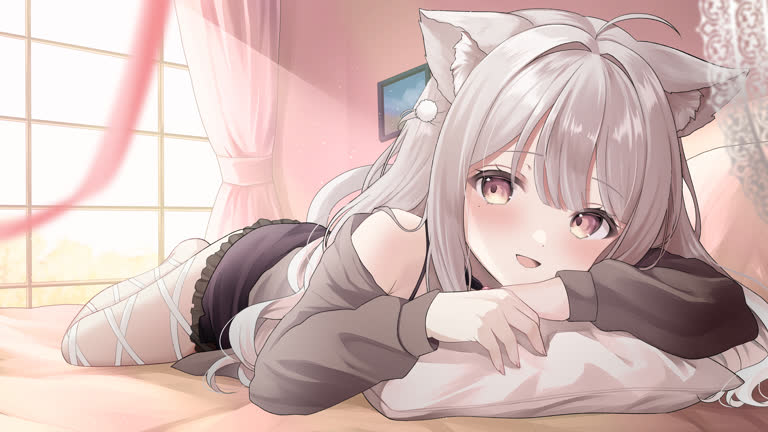 有一个女孩躺在床上,头上戴着猫耳朵