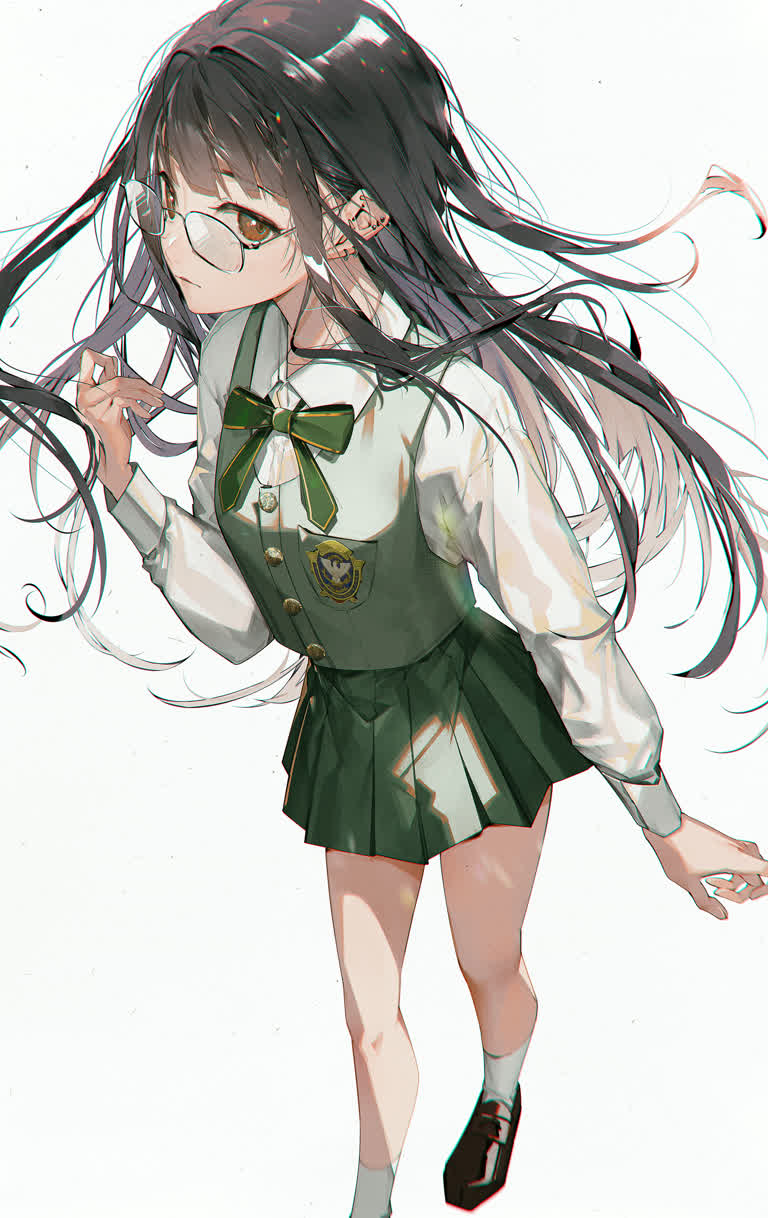 有一个穿着制服的长发女孩拿着刀