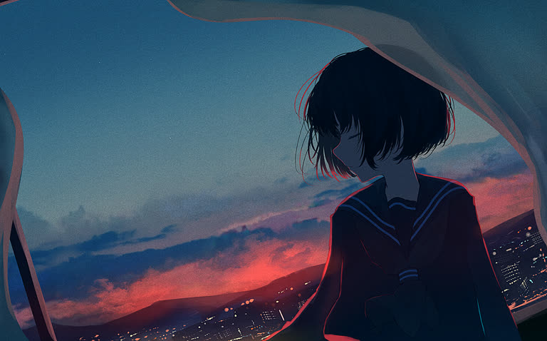 有一个女孩正在窗外看夕阳