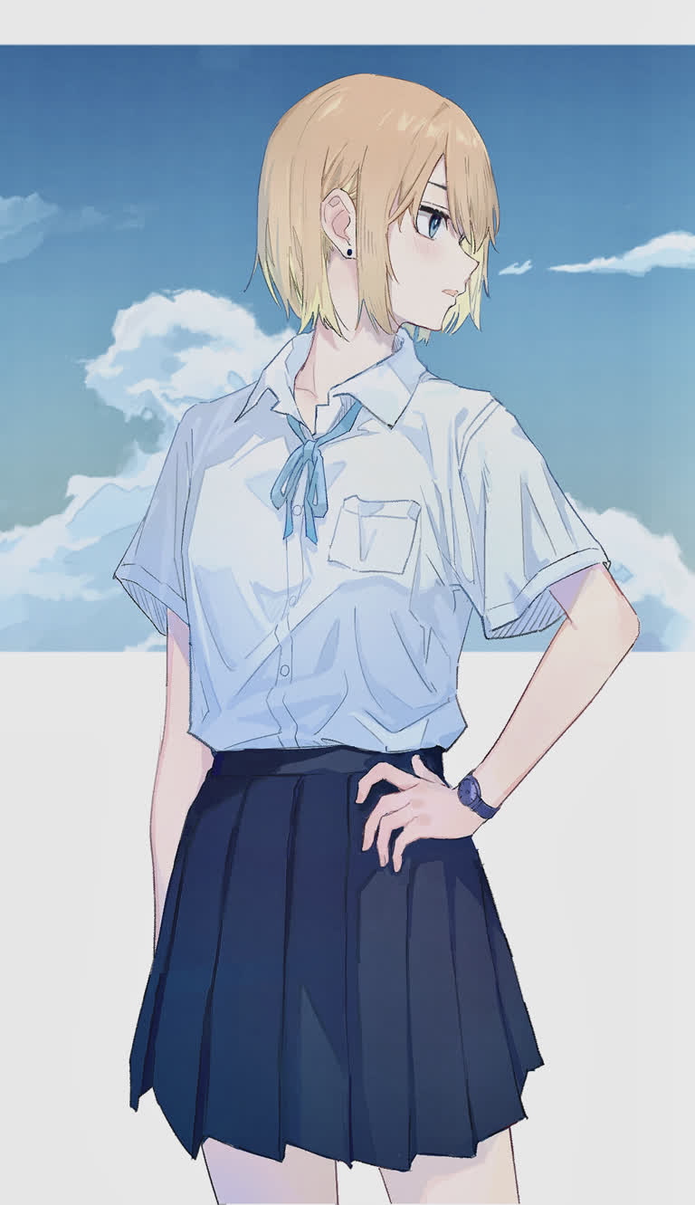 有一个穿着校服的女孩双手叉腰站着
