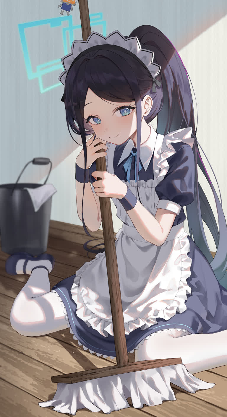 有一个女孩拿着扫帚坐在地板上