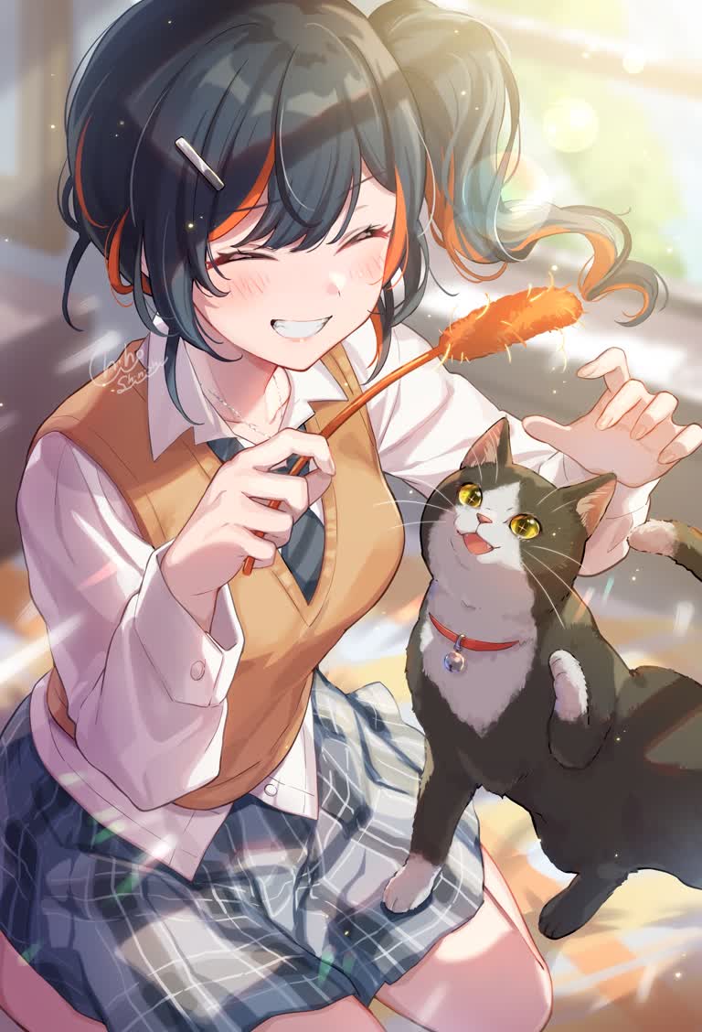 有一个女孩,她和一只猫坐在地上