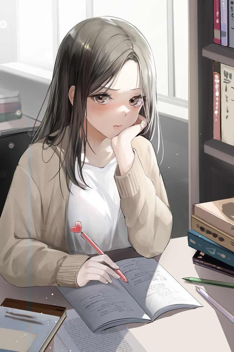 有一个女孩,坐在一张桌子旁,拿着一本书