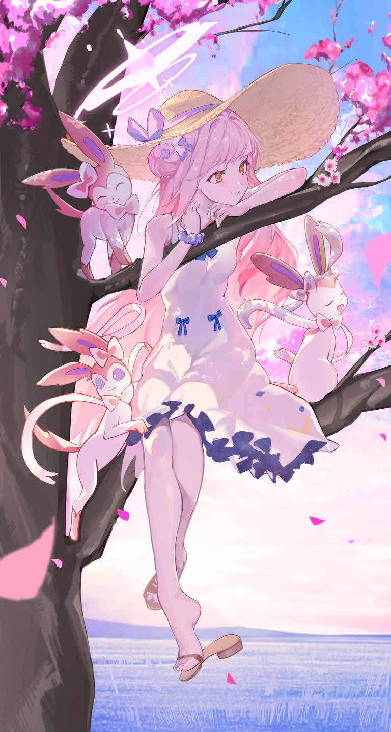 有一个女孩戴着帽子坐在树上