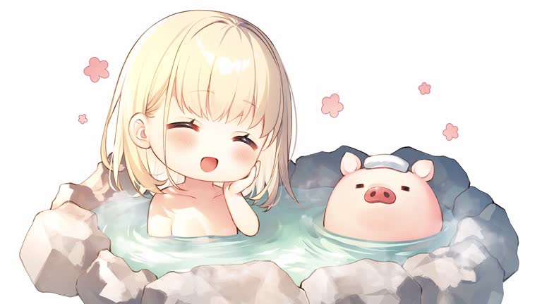 有一个女孩,正和一头猪坐在水里