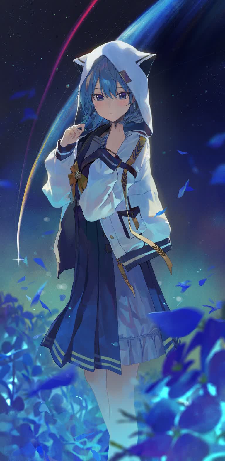 有一个女孩站在一片蓝色的花田里