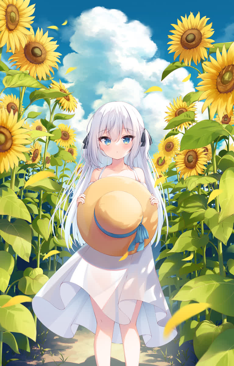 有一个女孩站在一片向日葵田里