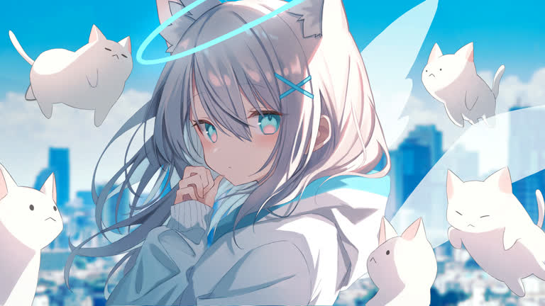 有一个女孩站在一群猫的面前