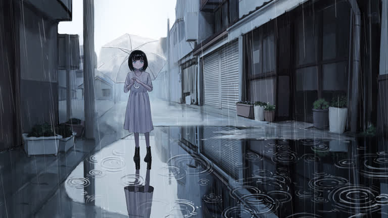 有一个女孩撑着伞站在雨中