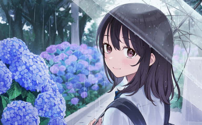 有一个女孩撑着伞站在雨中
