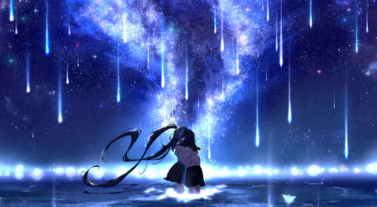 有一个女孩站在星空下的水中