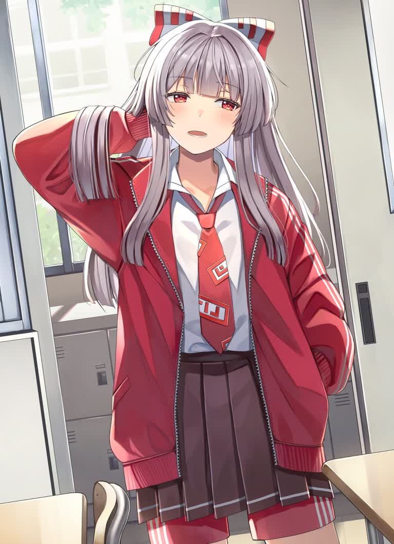 有一个女孩穿着红色夹克,打着领带