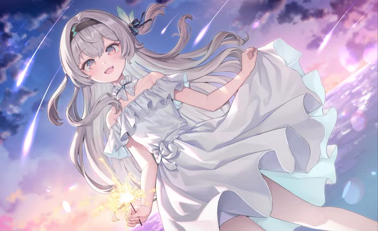 有一个穿着白色连衣裙的女孩拿着一根闪闪发光的魔杖