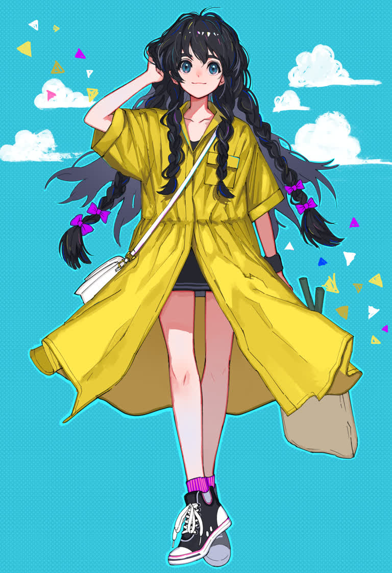 有一个穿着黄色外套和黑色鞋子的女孩