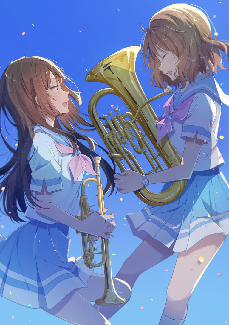 有两个女孩一起演奏乐器