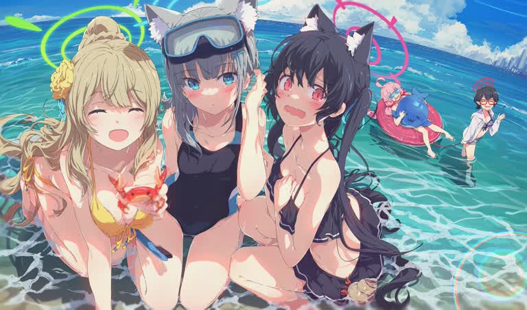 水中站着三个泳装女孩