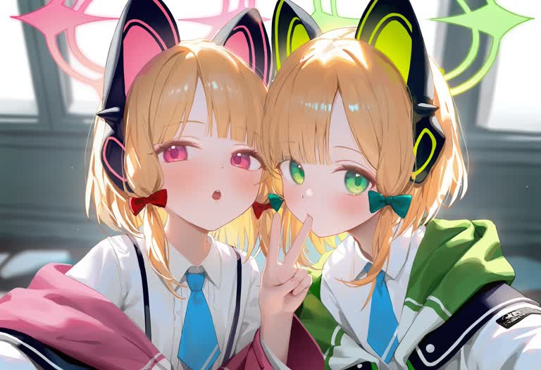 有两个女孩戴着猫耳朵和绿色的眼睛