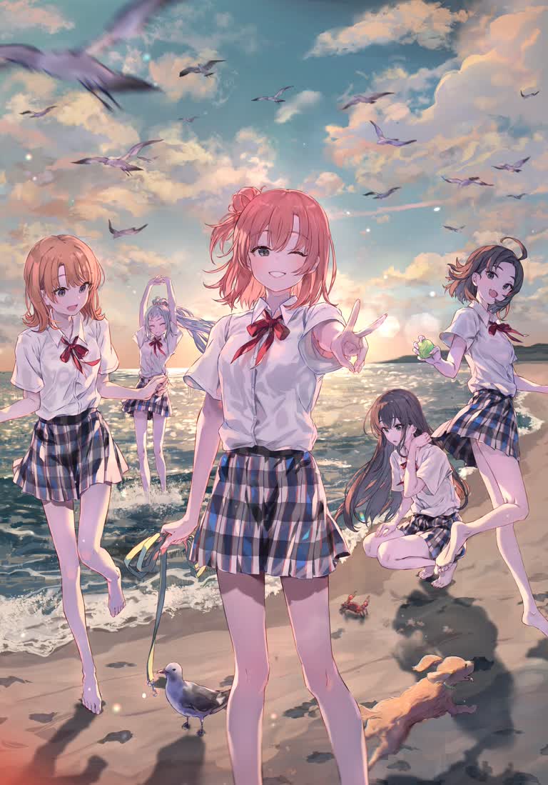 有一群女孩站在海鸥的海滩上