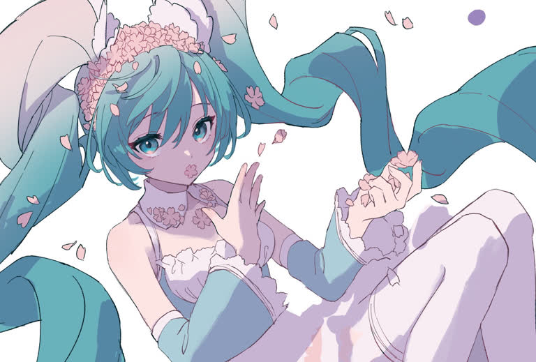有一张蓝头发、头发上插着花朵的女孩的照片