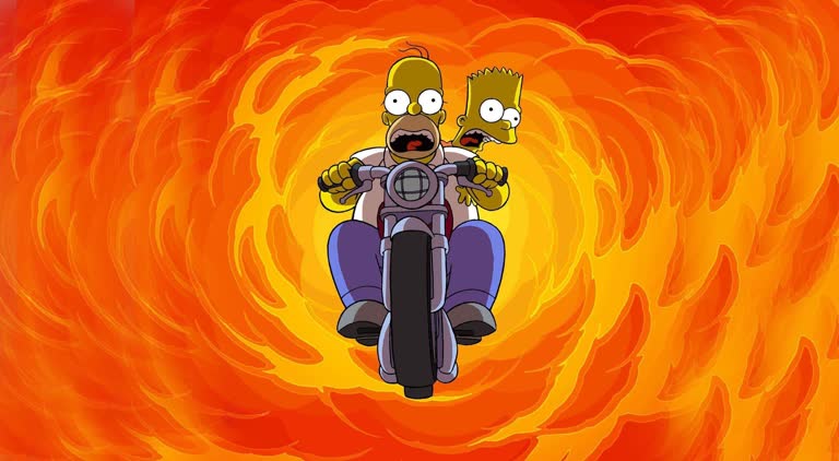 荷马·辛普森 (Homer Simpson) 骑着摩托车在橙色漩涡前