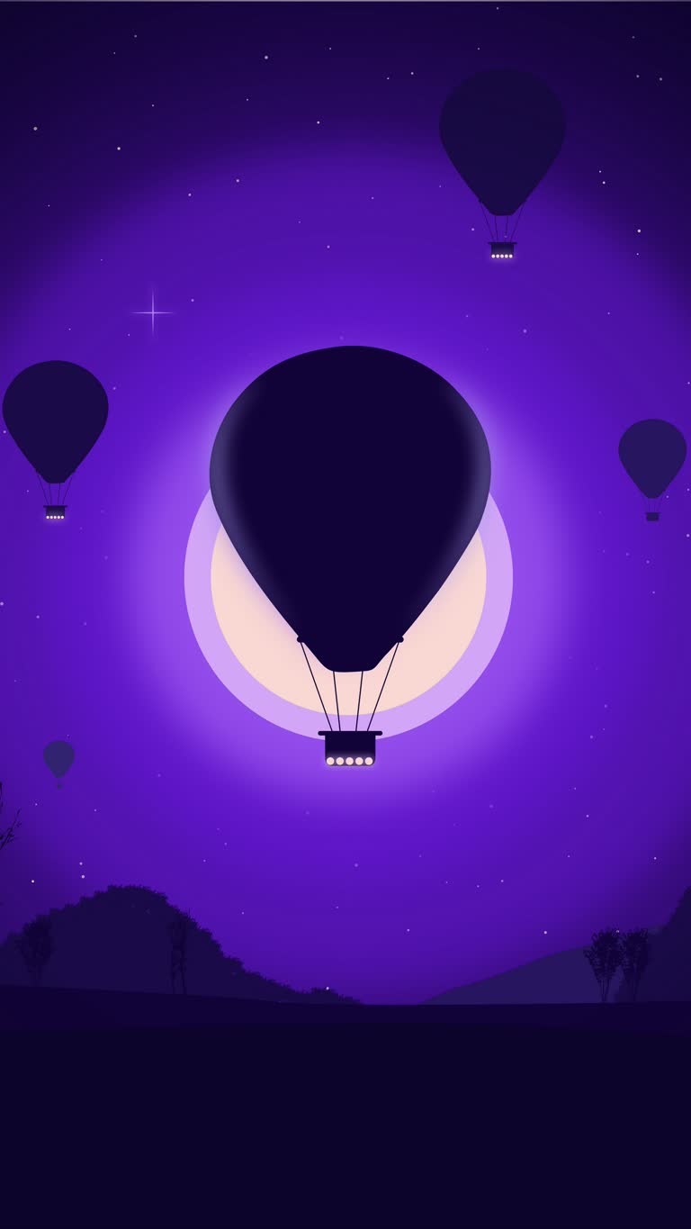 夜晚天空中有很多热气球飞舞