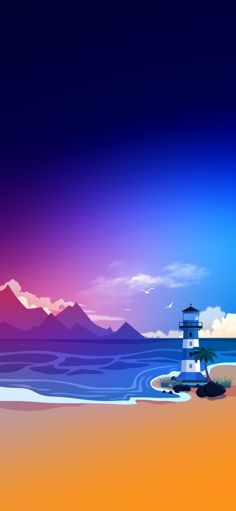 海滩插图,背景是救生塔和山脉