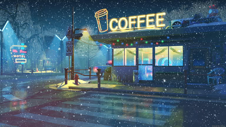 雪夜咖啡店的插图,带有霓虹灯招牌