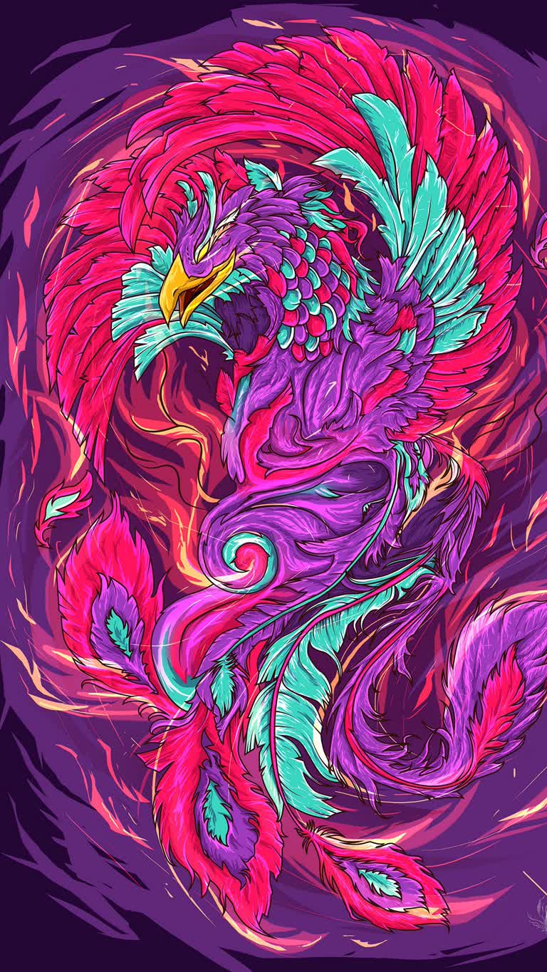 紫色背景上的彩色鸟的插图,带有漩涡