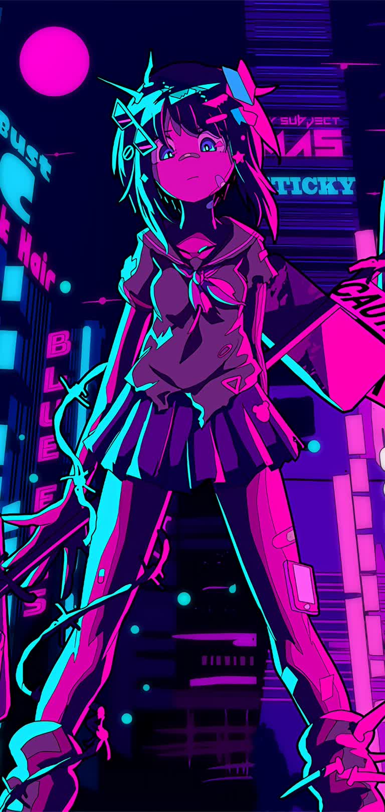 站在霓虹灯城市前的女孩插图