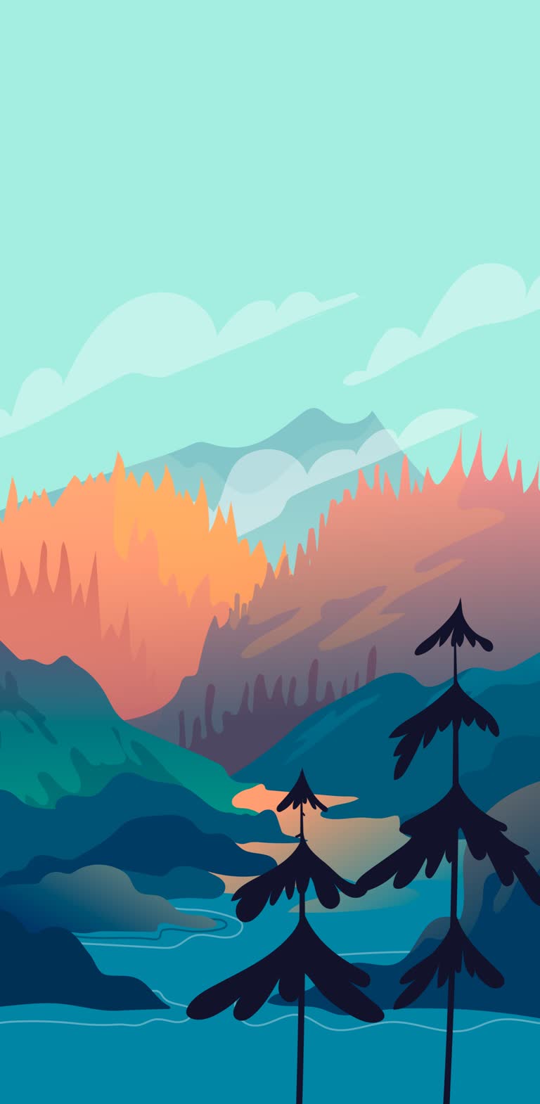 松树和湖泊的山景插图