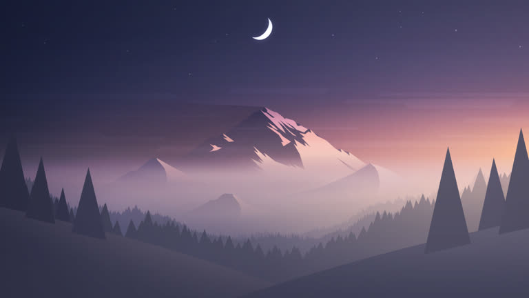 天空中半月的山景插图