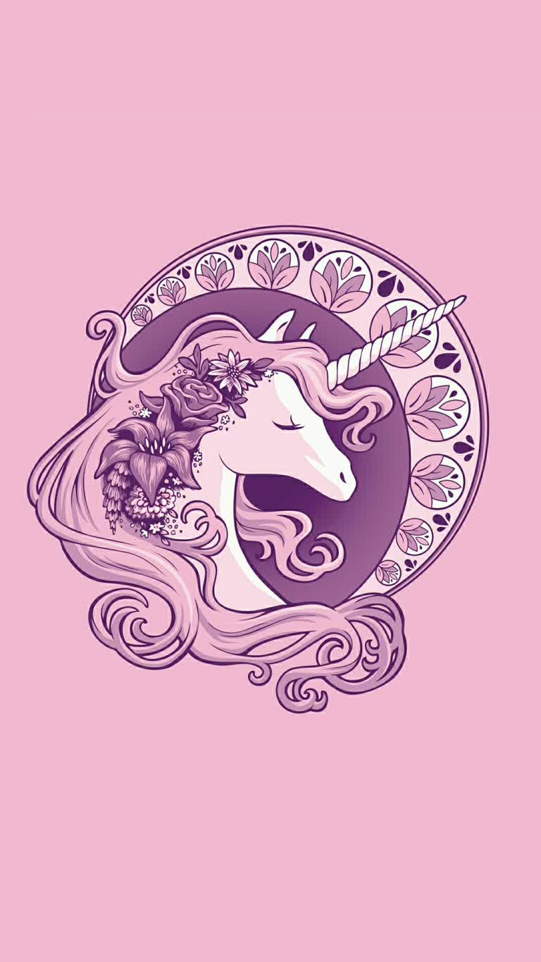 圆形框架中长发和花朵的独角兽插图