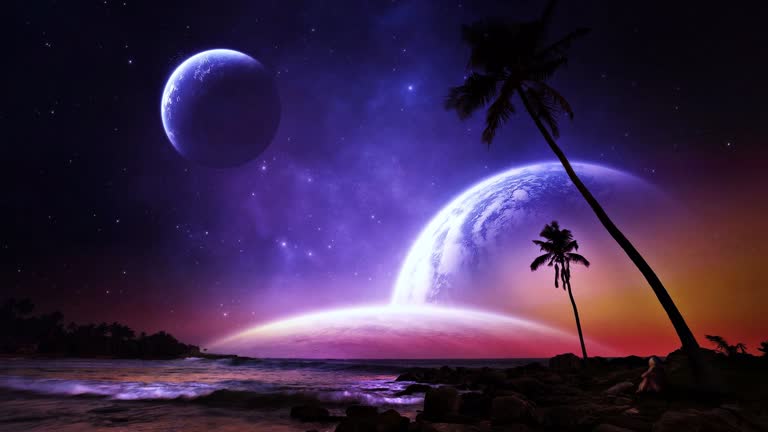 海滩上有棕榈树和天空中的两颗行星的图像
