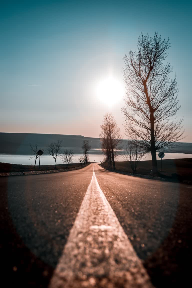 这是一张以太阳为背景的空旷道路的图像