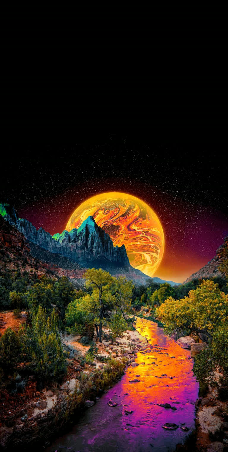 一幅画作,描绘了一条河流流经山谷