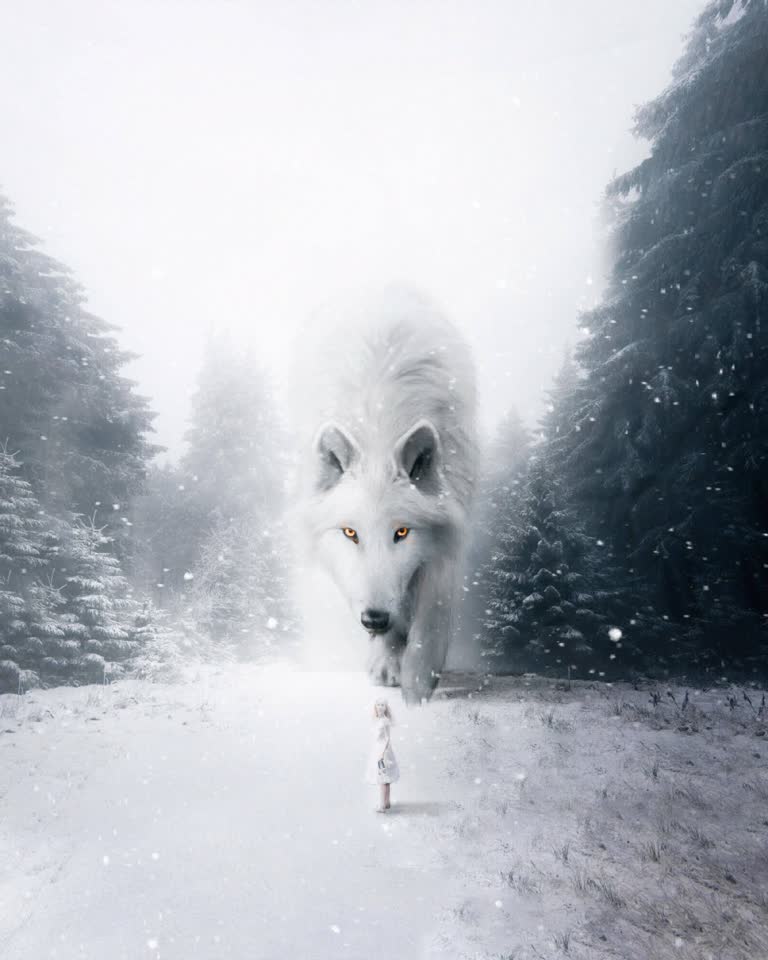 这是一只白狼在雪地里行走的图像